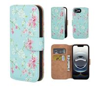 32nd Série Florale 3.0 - Étui Portefeuille en Cuir PU Design Coque pour iPhone 16e (2025), Housse avec Blocage RFID Fentes CB, Fermeture Magnétique et Fonction de Support - Printemps Bleu