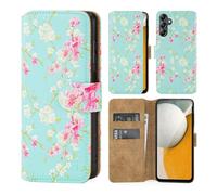 32nd Série Florale 3.0 - Étui Portefeuille en Cuir PU Design Coque pour Samsung Galaxy A15, Housse avec Blocage RFID Fentes CB, Fermeture Magnétique et Fonction de Support - Printemps Bleu