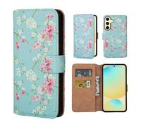 32nd Série Florale 3.0 - Étui Portefeuille en Cuir PU Design Coque pour Samsung Galaxy S24 FE, Housse avec Blocage RFID Fentes CB, Fermeture Magnétique et Fonction de Support - Printemps Bleu