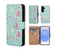 32nd Série Florale 3.0 - Étui Portefeuille en Cuir PU Design Coque pour Samsung Galaxy S25, Housse avec Blocage RFID Fentes CB, Fermeture Magnétique et Fonction de Support - Printemps Bleu