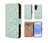32nd Série Florale 3.0 - Étui Portefeuille en Cuir PU Design Coque pour Samsung Galaxy S25, Housse avec Blocage RFID Fentes CB, Fermeture Magnétique et Fonction de Support - Marguerite Bleue