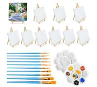 32Pcs Mini chevalets avec toile d'art, 10 petits chevalets triangulaires pour artistes avec 10 toiles, 10 pinceaux et 2 palettes de peinture, kit de support de peinture sur toile pour la fête