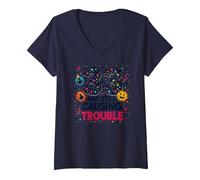 33 and Still Causing Trouble Cadeau d'anniversaire Humour T-Shirt avec Col en V, Femme, Bleu Marine, S