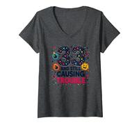 33 and Still Causing Trouble Cadeau d'anniversaire Humour T-Shirt avec Col en V, Femme, Chiné Foncé, S
