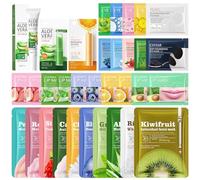 33 masques faciaux en tissu pour tous types de peau, masques hydratants et apaisants, patchs pour les yeux, masques pour les lèvres, baume à lèvres, crème pour les yeux, coffret cadeau pour femmes