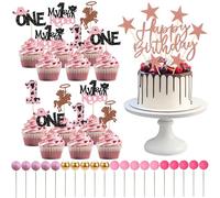 33 Pièces Boule Decoration Gateau Set, Decoration Gateau Anniversaire, Décoration De Gâteau De Cowboy Rose Gold/Rose Clair/Doré, Adapté Pour Baptême Fille Cowboy/Fête Western Féminine