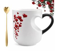 330ml Heart-Shaped Color Changing Magic Ceramic Mug, Heat Sensitive Magic Color Changing Coffee Mug with Red Heart Design, Valentine Themed Shaped Handle Ceramic Coffee Cup Gift for Couples (White)
