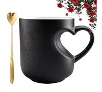 330ml Heart-Shaped Color Changing Magic Ceramic Mug, Heat Sensitive Magic Color Changing Coffee Mug with Red Heart Design, Valentine Themed Shaped Handle Ceramic Coffee Cup Gift for Couples (Black)