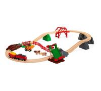 Brio Circuit de train en bois 33984 – Ferme, locomotive à pile, coffret 30 pièces avec pont et animaux