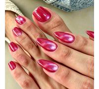 34 pièces Ensemble d'autocollants pour ongles et ongles d'orteils de forme amande moyenne, style Hot Girl, design œil de chat scintillant rouge rose, ongles à presser élégants et haut de gamme en cris