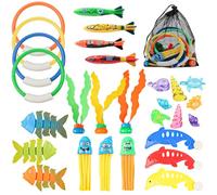 34p Jouets PlongéE Enfants, Set Jouets PlongéE Piscine, Méduses Dauphins Cercles Pierres PréCieuses ArêTes Poisson Algues Mines Poissons Sacs en Filet, pour Plages en Plein Air Pool Party Cadeau