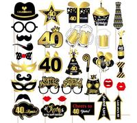 34PCS Accessoires Photobooth, Kit Photobooth Accessoires de Fete 40 Ans, Accessoire Photobooth Mariage avec Cadre Photo, Deco Anniversaire Noir et Dore pour Soiree, Nouvel an, Mariages, Soirées Disco