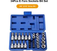 34Pcs E-Torx Sockets Bit Set Male Female E-torx Bits 3/8'' 5/16'' Drive Kit with Storage Box