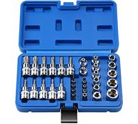 34pcs E-TORX STAR SCKET SET avec CRV E-Socket Set E4-20, S2 TORX Bit Socket Set T10-60, Retiré Preuve TORX BIT TT10-TT55 et 5/16"F à 3/8"M -Adaptateur, 3/ Douille Torx 8 pouces