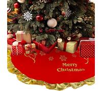 35.4 Jupe de Sapin de Noël de Luxe Rouge, Grande DÉCoration de Sapin de Noël en Flanelle,Volants À Paillettes DorÉEs avec Renne, Flocons de Neige,Joyeux Noël pour la dÉCoration IntÉRieure/ExtÉRieure