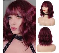35 cm Perruque Femme, Bob Rouge avec Frange Courte Ondulée Bouclée Vin Rouge Foncé Perruque Synthétique Femme pour Costumes Cosplay Fête Quotidienne