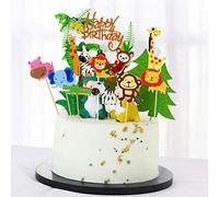 35 pcs Jungle gâteau animal + guirlande joyeux anniversaire jungle pour enfants garçon fille, gâteau animaux jungle décoration gâteau anniversaire fête d'anniversaire enfants (1.3.5 garçon/fille)