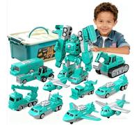 35 PCS Magnetic Robocar Toys Set, Kids Magnetic Transform Engineering Car Converting Robot Assembled Toys Set with Storage Box, Safe Material, Smooth Edges Without Burrs (Green)