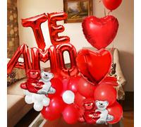 35 pièces Ballons en forme de cœur imprimés avec des ours rouges et blancs s'enlaçant "Je t'aime", idéal pour la Saint-Valentin, les demandes en mariage romantiques, les anniversaires, les fêtes de ma