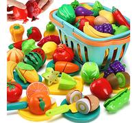 35 Pièces Jouets de Cuisine, Dinette de Cuisine avec Panier de Rangement, Plat et Couteau en Plastique, Fruits et Légumes à Couper Jeu D'imitation Jouet Éducatif pour Tout-Petits Enfants Cadeau