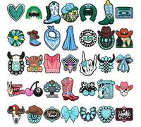 35 piècess / SET Charms de chaussures de la série Cowgirl en PVC, bottes de cowboy à nœud bleu, motif de vache des highlands, décoration de chaussures, accessoires de chaussures, cadeaux de voyage Tai