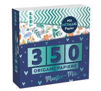 350 papiers origami - Mélange de motifs : 350 papiers pliants (14 x 14 cm, 80 g/m²), en 25 designs, dont 50 papiers avec film métallique, 20 pages de cours de base origami, couverture souple