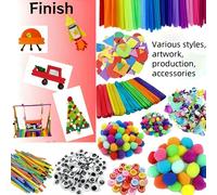 350 pièces Ensemble d'accessoires d'artisanat fait main DIY | 50 pièces tiges de chenille + 100 pièces yeux mobiles noirs & blancs/colorés + 200 pièces pompons de tailles variées | Kit de matériel cré
