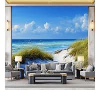 350 x 256 cm Papier peint panoramique - Affiche murale Plage Paysage Dunes Mer, papier peint intissé Bleu Ciel personnalisé 3D, décoration murale pour salon et chambre d'enfant