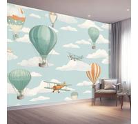 350 x 256 cm Papier Peint PanoramiqueBleu Montgolfière Avion Rétro Fresque Murale, Papier Peint Intissé pour Salon, Chambre, Décor Fond TV