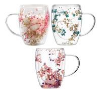 350ml 3Pièces Tasses À Café En Verre Double Paroi De Fleurs Séchées | Tasses Isolées Double Paroi