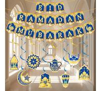 35PCS Ramadan Decorations, Eid Ramadan Mubarak Banner and Foil Hanging Swirl Streams Ceiling Decor for Home, Shining Gold Star Moon Lanterns Castles Ornament for Islamic Muslim Al-Fitr Party Supplies