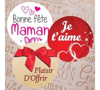 36 étiquettes cadeaux (12 x Bonne fête Maman / 12 x Plaisir d'Offrir / 12 x Je t'aime) - Rondes Ø 35 mm - Sticker autocollant en papier - Marque Eticréa
