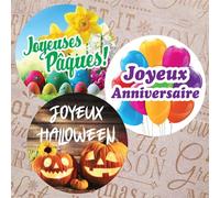 36 Etiquettes Cadeaux : 12 x Joyeux Halloween - 12 x Joyeuses Pâques - 12 x Joyeux Anniversaire - Rondes 35 mm - Sticker autocollant en papier - Marque Eticréa
