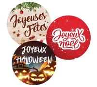 36 Etiquettes Cadeaux : 12 x Joyeux Halloween - 12 x Joyeux Noël - 12 x Joyeuses Fêtes - Rondes 35 mm - Sticker autocollant en papier - Marque Eticréa