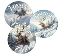 36 étiquettes cadeaux JOYEUSES FÊTES - Thème rennes de Noël- Rondes 35 mm - Stickers autocollants - Marque Eticréa