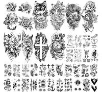 36 Feuilles De Tatouages Temporaires Autocollants, 12 Feuilles De Faux Corps Bras Poitrine Épaule Tatouages Pour Hommes Ou Femmes Avec 24 Feuilles Minuscules Noirs.