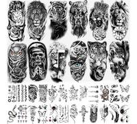 36 feuilles de tatouages temporaires réalistes d'animaux, crânes, tatouages pour bras for adultes, fausses roses des vents, fleurs, lion, tigre noir