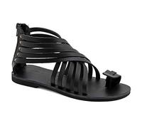 36 noir Emmanuela Sandales en cuir Gladiator avec fermeture à glissière, chaussures d'été à la main grecque de haute qualité, sandales plates à anneau de pointe, sandales boho chics