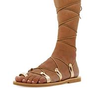 36 Or rose Emmanuela Sandales en cuir haute en cuir dans un ancien style grec, gladiateur à la main, Sandales de reliure, chaussures d'été, sandales à lacets à la dentelle