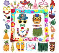 36 PCS Accessoire de Photobooth Hawaii Kit, Hawaï Photo Booth Cadre Gonflable Tropical Thème, Accessoires de Photomaton Aloha Flamingo, pour Hawaii Luau Summer Plage Piscine Party Décoration