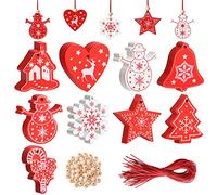 36 pcs Ensemble d'ornements d'arbre, Bois Pendentifs Decoration pour Sapin de Noël en Bois Artisanat Bricolage (Rouge et Blanc)