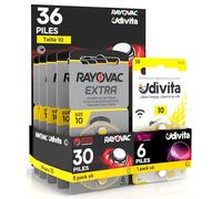 36 Piles Taille 10 pour Les Aides auditives PR70 (Jaune - Zinc Air) avec la Technologie Phono Pulse pour amplificateur auditif - 36 Piles: 6 Udivita + 30 Rayovac