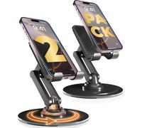 360° Adjustable Phone Stand For Desk - 2 Pack 360° Rotatable Mobile Stand, Multi-Angle, Metal Base, Foldable, Portable Desk Stand (Piano Black)