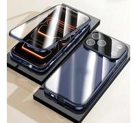 360 Full Protection Metal Magnetic Phone Case for iPhone 17 Pro Max, Anti-Fall Magnetic Adsorption Double-Sided Tempered Glass Phone Case with Snap Lock (Dark Blue,17promax)