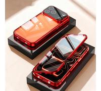 360 Full Protection Metal Magnetic Phone Case for iPhone 17 Pro Max, Anti-Fall Magnetic Adsorption Double-Sided Tempered Glass Phone Case with Snap Lock (Red,15plus)