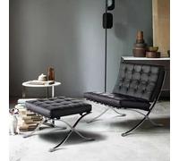 360Home Fauteuil vintage avec pouf en cuir véritable noir mat