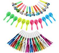 36PCS, ensemble de 3 types de bruiteurs de fête, souffleurs de papier amusants, soufflets en métal à franges scintillantes, mini secoueurs de main de musique au néon, fournitures de fête pour enfants