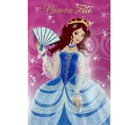 37-055-1 Carte de Vœux BONNE FÊTE Princesse Reine Châtain Robe Bleue Couronne éventail pour Fille Illustration Jeunesse avec Enveloppe Format 12x17,5cm Fêter un prénom Sainte Catherine 25 novembre