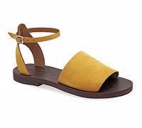 37 Moutarde Emmanuela Sandales dans un ancien style grec, sandales en cuir plat à la main de haute qualité avec des orteils ouverts, des chaussures d'été réglables avec des bretelles pour femmes