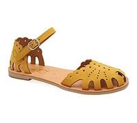 37 Moutarde Emmanuela Sandales dans un style grec ancien, sandales en cuir plat à la main avec orteils fermés, sandales réglables, chaussures d'été avec des bretelles de cheville pour femmes